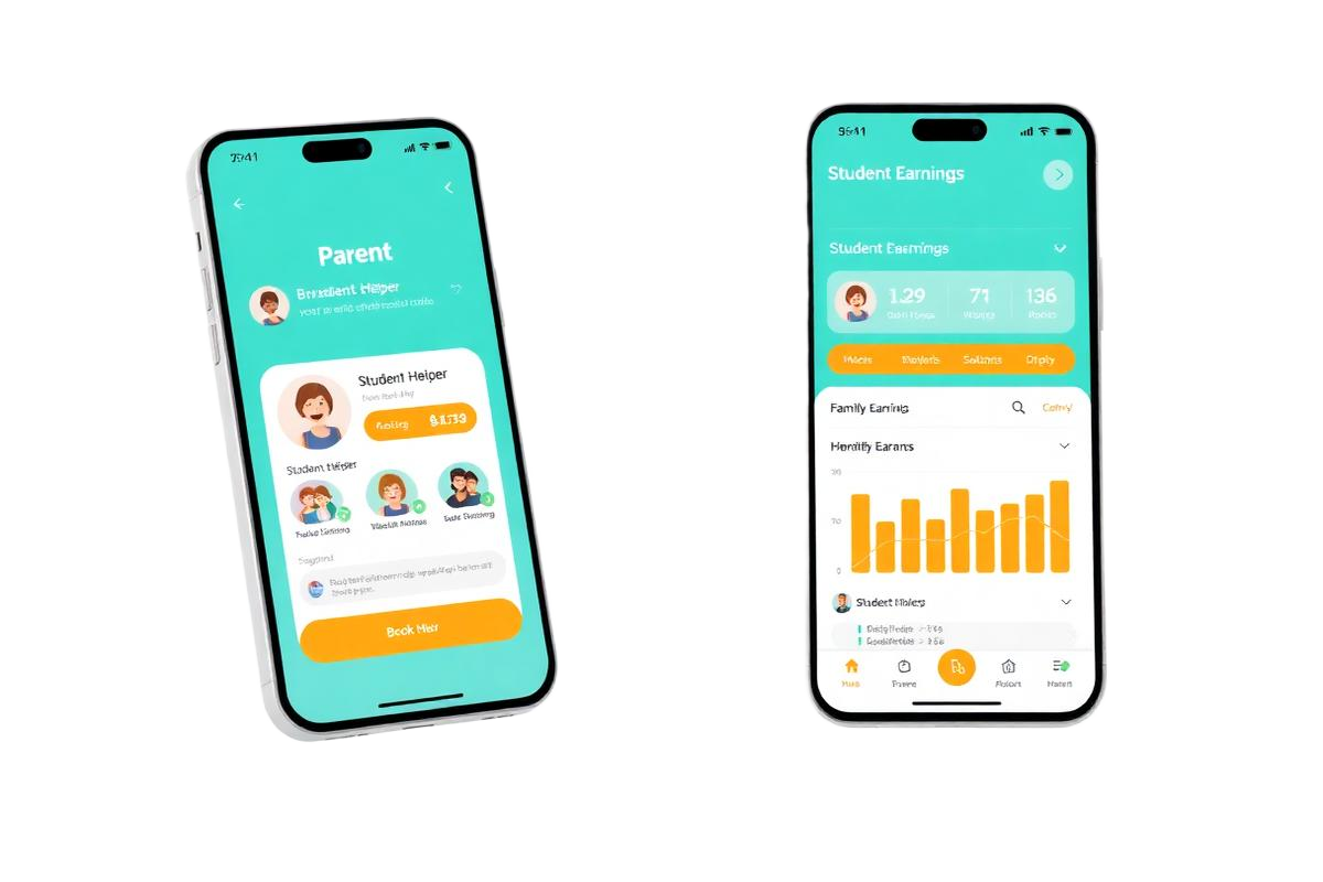 Trysittr mobile application showing parent booking and student earnings screens