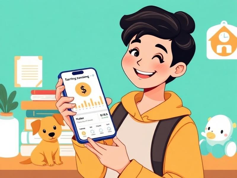 Student showing earnings dashboard on phone with tutoring books and pet nearby